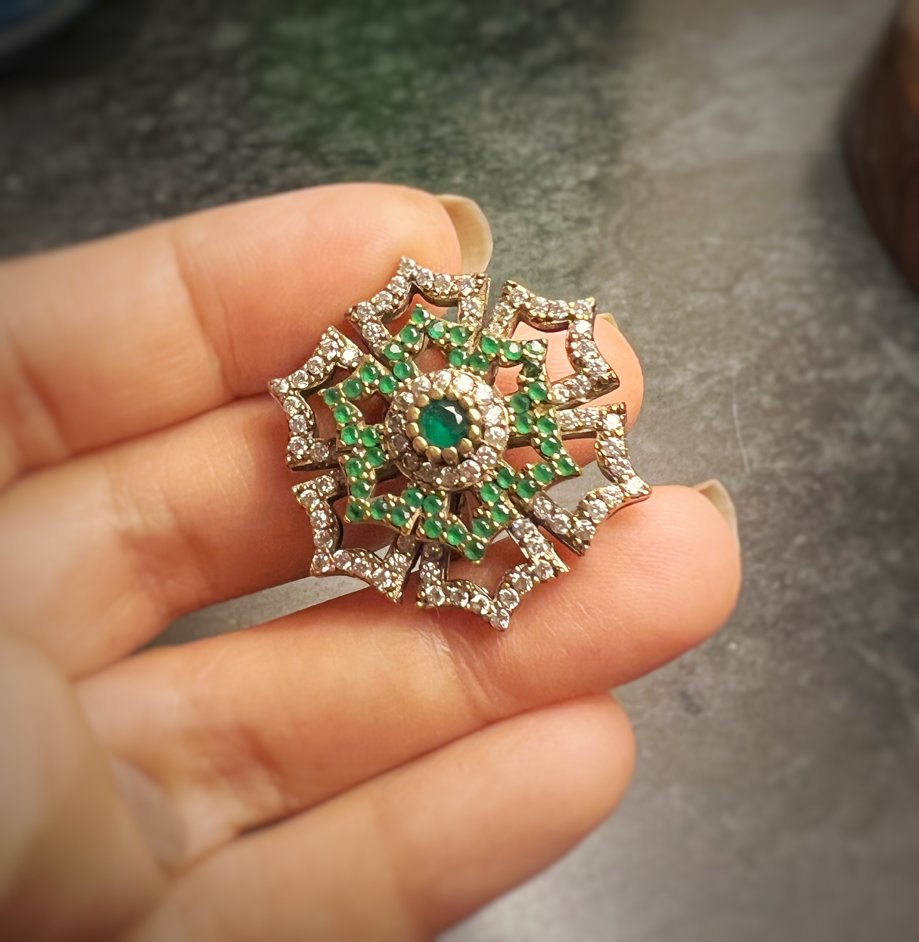 Emerald & Zircon Ring (Adjustable)