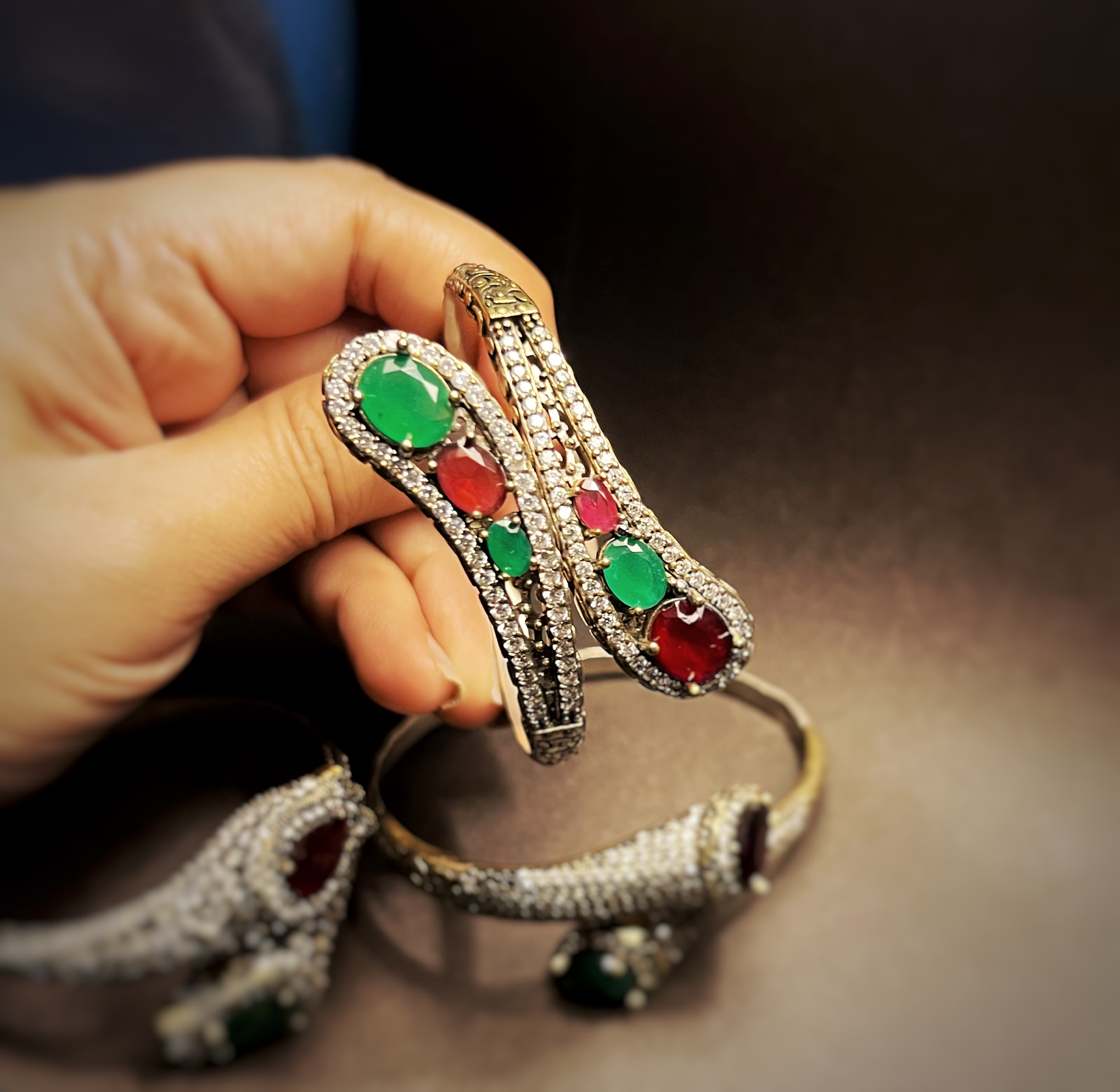 Ottoman Emerald/Ruby Bangle  (Adjustable)