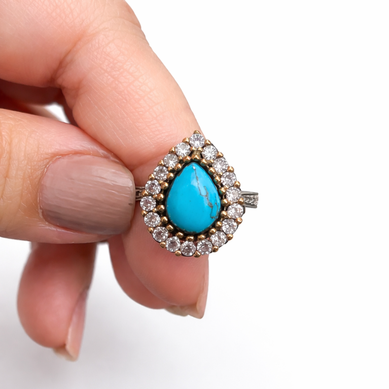 S925 Feroza & Zircon Ring (Size 7)